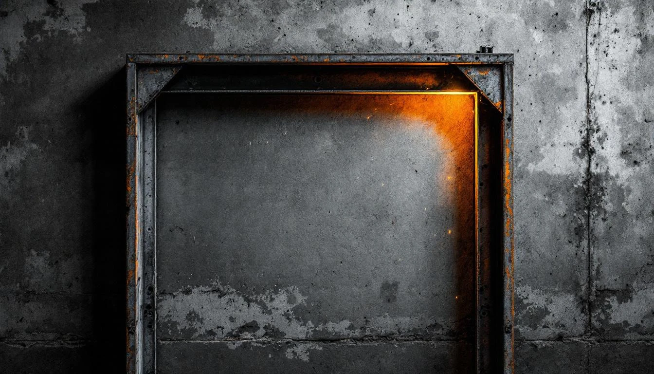 Steel I-beam against concrete wall with welding light, industrial photography
